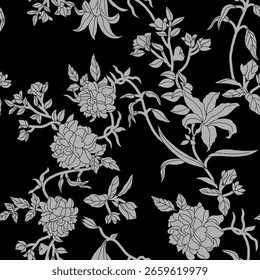 Timeless seamless floral pattern featuring elegant flower outlines in grey on a black background. This minimal and sophisticated botanical design is perfect for fabric printing, wallpapers, home decor