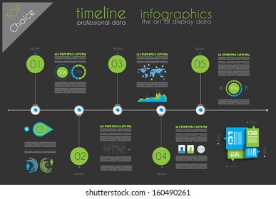 Timeline to display your data in order with Infographic elements technology icons,  graphs,world map and so on. Ideal for statistic data display.