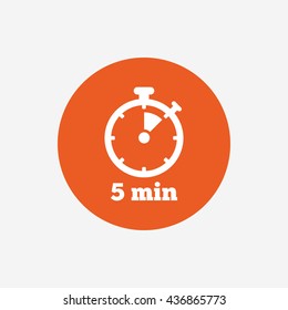 Timer sign icon. 5 minutes stopwatch symbol. Orange circle button with icon. 