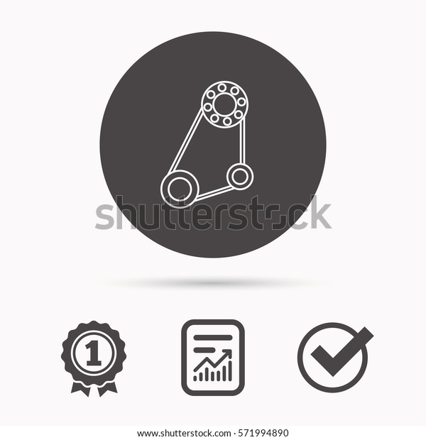 Timing belt icon. Generator strap sign. Repair service\
symbol. Report document, winner award and tick. Round circle button\
with icon. 