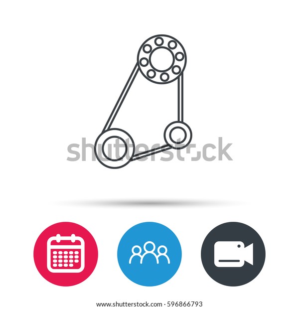 Timing belt icon.
Generator strap sign. Repair service symbol. Group of people, video
cam and calendar icons.
