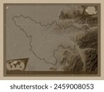 Timis, county of Romania. Elevation map colored in sepia tones with lakes and rivers. Corner auxiliary location maps