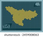 Timis, county of Romania. Solid color shape. Locations of major cities of the region. Corner auxiliary location maps