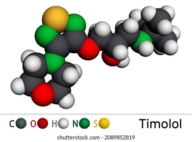 Timolol, Molecule. It Is Non-selective Beta Blocker Medication For Treatment Of Elevated Intraocular Pressure In Ocular Hypertension Or Glaucoma. Molecular Model. 3D Rendering. Illustration