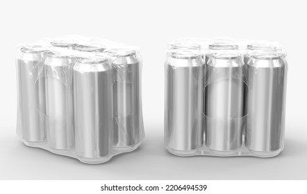 Tin Cans For Beer Or Soda In Plastic Wrap, Front And Angle View. Realistic Mockup Set Of Six Metal Jars In Shrink Film, Aluminium Drink Bottles In Transparent Pack On White Background. 3D Illustration