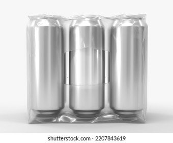 Tin Cans For Beer Or Soda In Plastic Wrap Mockup, Front View. Realistic Set Of Six Metal Jars In Shrink Film, Aluminium Drink Bottles In Transparent Pack Isolated On White Background. 3D Illustration