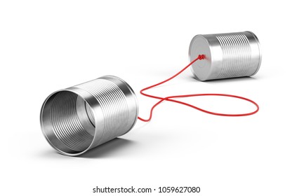 Tin cans phone isolated on white. Communication concept. 3d rendering