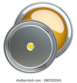 A Tin Of Orange Paint And An Open Lid Pushed To The Side. 3d Illustration Isolated On White Background.