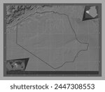 Tindouf, province of Algeria. Bilevel elevation map with lakes and rivers. Corner auxiliary location maps
