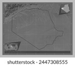 Tindouf, province of Algeria. Grayscale elevation map with lakes and rivers. Locations of major cities of the region. Corner auxiliary location maps