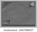 Tindouf, province of Algeria. Grayscale elevation map with lakes and rivers. Corner auxiliary location maps