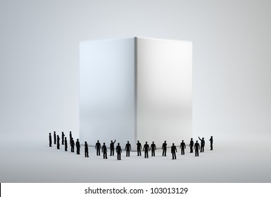 Tiny 3d People Standing Around A White Cube