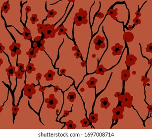 Tiny Blossoms Chinese Florals And Branches Seamless Trendy Colored Pattern Allover Printable Design Cajun Brown Tones