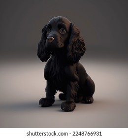 Tiny cute 3d isometric black dog Field Spaniel