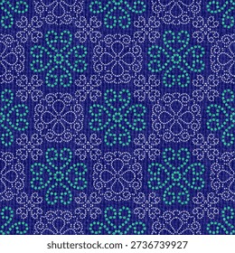Tiny Floral Dotted Seamless Pattern in Navy Blue with Teal Micro Flowers, Decorative Geometric Repeat for Fabric, Textile, Wallpaper and Surface Design