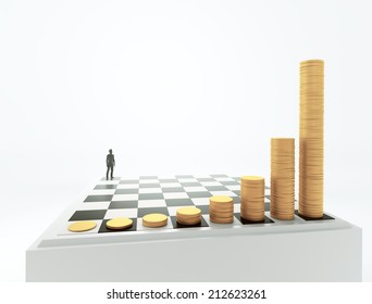 Tiny man standing on a chessboard with growing height coins stacks - exponential growth and compound interest concept