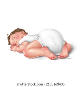 Tiny Newborn Baby Sleeping On His Tummy. The Kid Is Dressed In A White Bodysuit