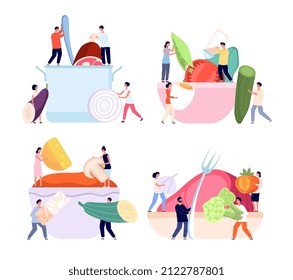 Tiny people cooking. Vegetable foods, cook fresh meal on recipe. Person prepare soup and fish, healthy eating in restaurant utter scenes - Powered by Shutterstock