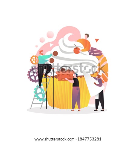 Tiny people decorating huge cupcake with cream and cherry, illustration. Sweet pastry, confectionery, bakery concept for web banner, website page etc.
