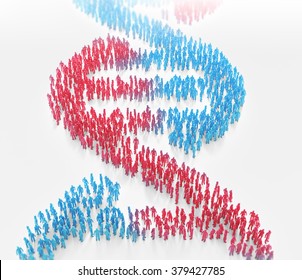 Tiny People Forming A DNA Helix Symbol - Genetics Research And Population Wide Genetic Traits Concept