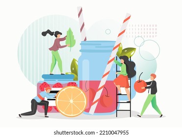 Tiny People Making Fruit Cocktail, Flat Illustration. Summer Fresh Cold Drink With Berries, Orange, Mint Leaves. Bartender Preparing Summer Refreshing Tasty And Healthy Beverage.