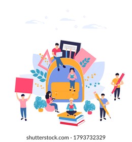 Tiny people near a huge backpack. Back to school concept. The guy works on laptop. Distance learning. Students with books and stationery. Literacy Day. - Powered by Shutterstock