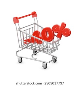 Tiny red colored shopping cart and forty percent discount text. Isolated on white background. 3D rendering illustration.