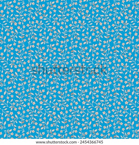 Tiny spring flowers wallpaper Spring small floral, botanical fabric pattern Simple flat silhouette white flowers on a blue background Rustical, country, cottage decor, farmhouse Ditsy girl dress print
