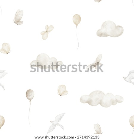 Tiny watercolor illustration pattern with clouds, balloons, birds and butterflies. Pastel beige Seamless background for baby nursery wallpapers or children textiles. Art for kids wrapping and surface.