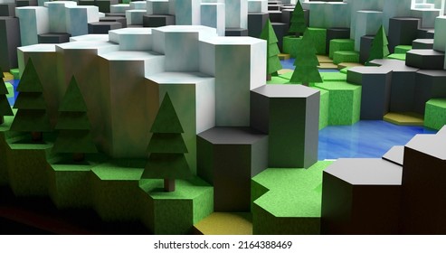 Tiny World Made Of Hexagonal Tiles. Isometric View. Video Game Style. Environmental Conservation Concept. 3D Render Illustration