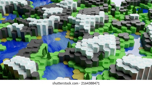 Tiny World Made Of Hexagonal Tiles. Isometric View. Video Game Style. Environmental Conservation Concept. 3D Render Illustration