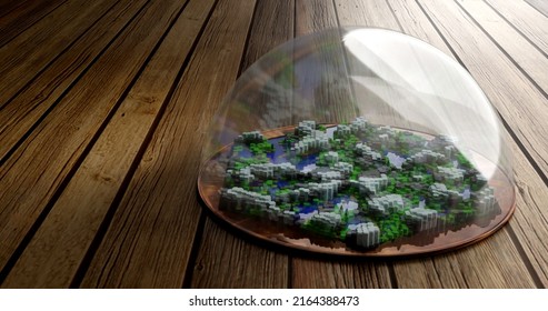 Tiny World Made Of Hexagonal Tiles Inside A Glass Dome. Isometric View. Video Game Style. Environmental Conservation Concept. 3D Render Illustration