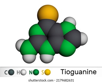 Tioguanine, Thioguanine Or 6-thioguanine Molecule. It Is Purine Analogue, Used In The Therapy Of Myelogenous Leukemias. Molecular Model. 3D Rendering. Illustration