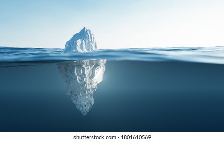 Tip of the iceberg. Half underwater. Also concepts of global warming and climate change. 3D illustration