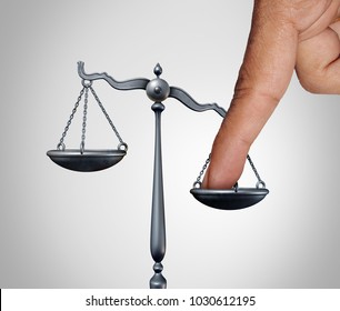 Tip The Scales Of Justice Concept As A The Finger Of A Person Illegaly Influencing The Legal System For An Unfair Advantage With 3D Illustration Elements.