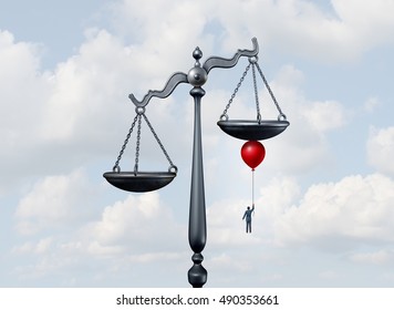 Tipping The Scales Of Justice Concept As A Justice Court Scale Being Moved And Influenced By A Businessman Or Lawyer With A Balloon Moving The Balance In His Favor With 3D Illustration Elements.