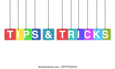 "Tips and Tricks" text or words hanging on a white background, appearing weightless and motionless in a suspended state