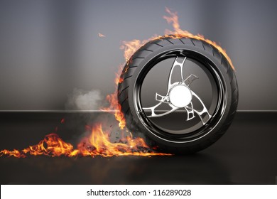 Tire Burnout With Flames Smoke And Debris,concept. 3d Model With Custom Rim