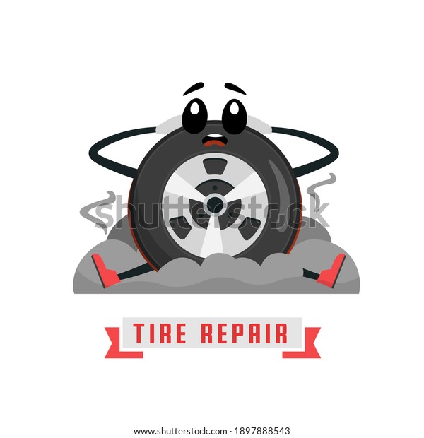 Tire\
character image. Wheels and tyre fitting service. Transportation,\
tire repair, computerized balancing concept. The illustration in\
flat cartoon style isolated on white\
background