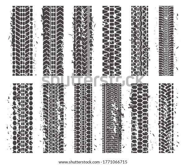 Tire marks. Car tire dirty grunge texture\
treads, automobile or motorcycle tracks texture. Sport tire tracks\
symbols set. Race dirty tread, rubber track tire silhouette\
illustration