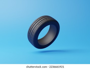 Сar tire on a blue background. Concept of changing tires for seasonal, using tires on snow, ice. Replacing tires with summer or winter. 3D render 3D illustration - Powered by Shutterstock