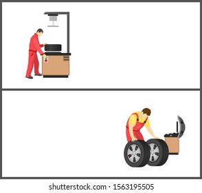 Tire service and automobile workshop color card professional equipment for wheels servicing or alignment process working men isolated text sample - Powered by Shutterstock