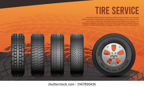 Tire service banner. Tires, car wheels poster. Autos repair, wheel replacement illustration - Powered by Shutterstock