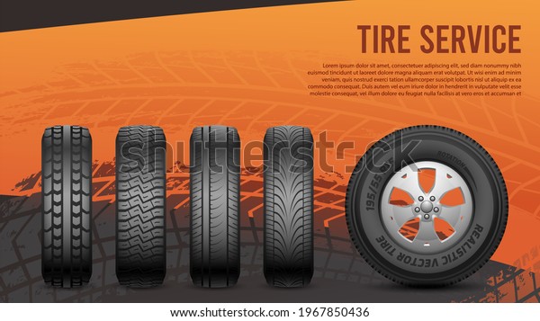 Tire service banner. Tires, car\
wheels poster. Autos repair, wheel replacement\
illustration