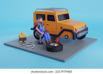 Tire service. Car mechanic working in garage and changing wheel alloy tire. Wheels and tyre fitting service. 3d illustration - Powered by Shutterstock