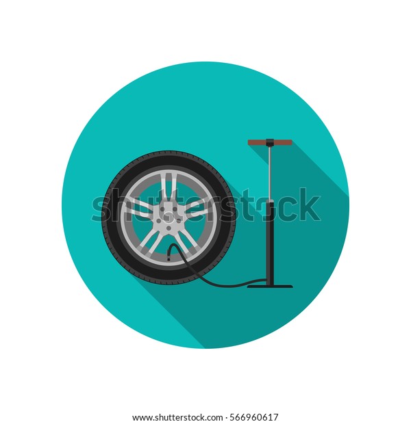 Tire service flat icon with long\
shadow. Simple illustration of tire and pump. Raster\
version