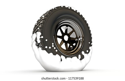 Tire With Snow Isolated On White Background