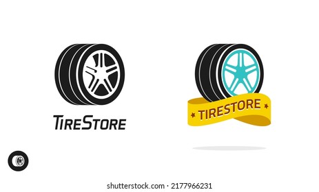 Tire Store Shop Icon Logo For Automobile Or Car Tyre Wheel Automotive Service Flat Illustration, Modern Shape Silhouette Isolated On White Background Pictogram