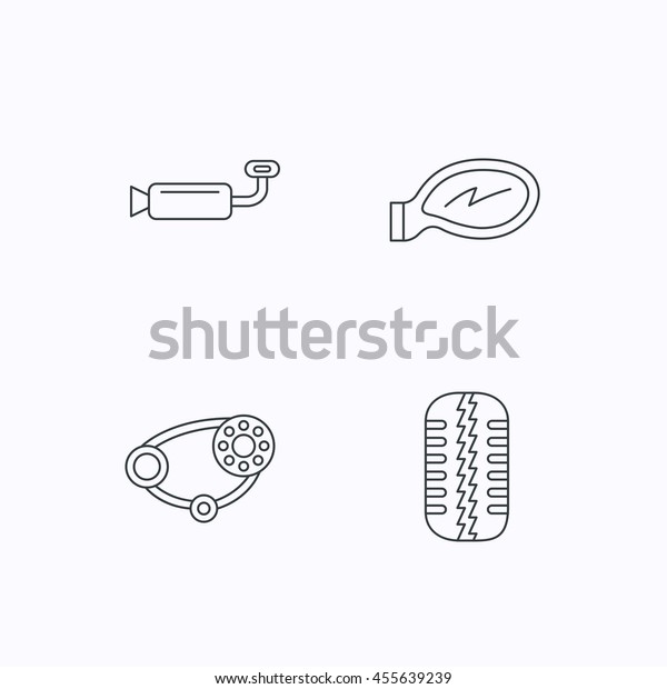 Tire tread, car mirror
and timing belt icons. Muffler linear sign. Flat linear icons on
white background. 