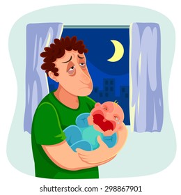 Tired Father Carrying A Crying Baby At Night